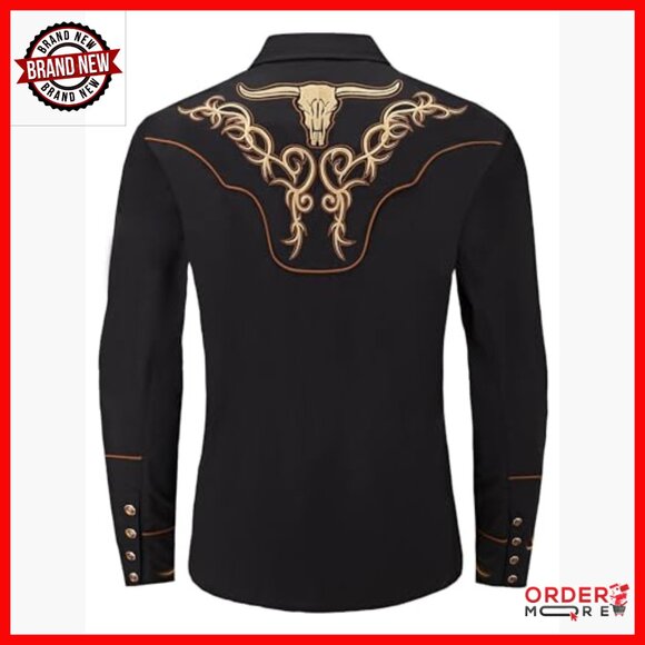 Men's Embroidered Bull Head Western Snap Button Shirt Long Sleeve Regular Fit - Picture 6 of 6
